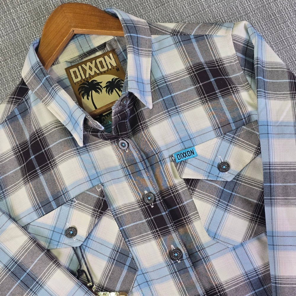 NWT Dixxon Flannel Co x Long Bay Womens M Cyan Blue Black White Plaid Button NEW